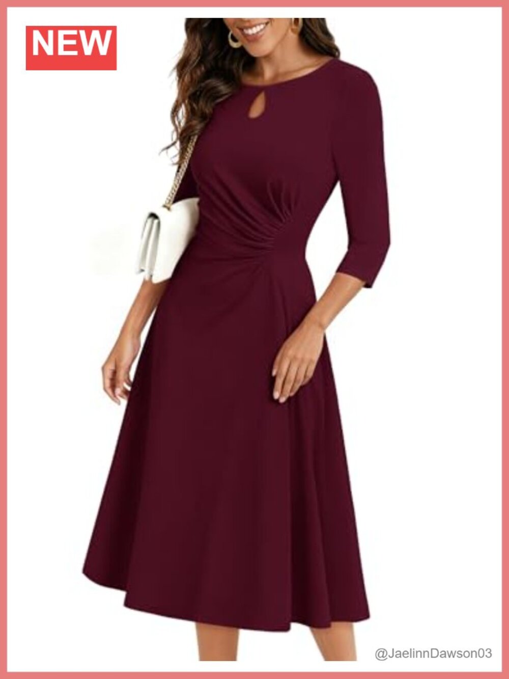 3/4 Sleeve Ruched Waist Formal Midi Dress Wedding Guest